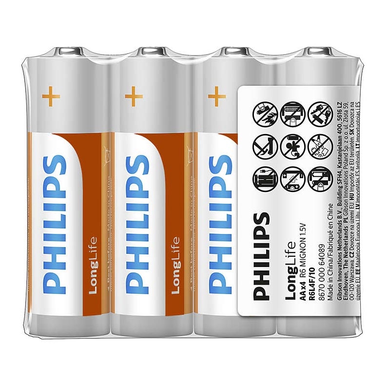 Philips R6L4F/10 - 4 pz. Batería de cloruro de zinc AA LONGLIFE 1,5V 900mAh