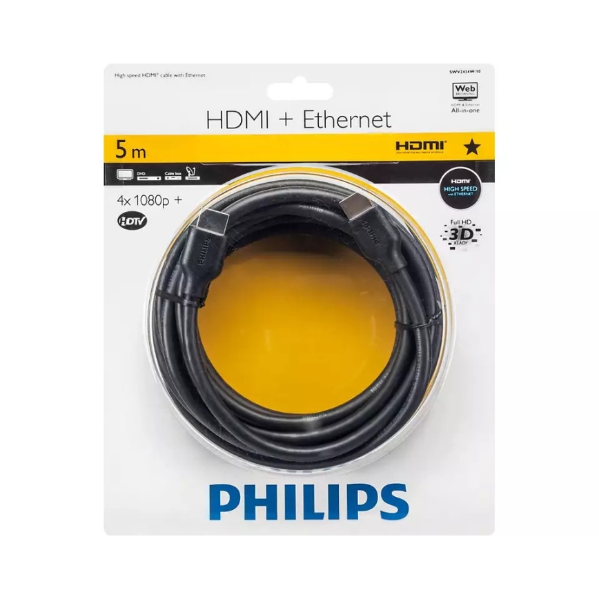 Philips SWV2434W/10 - Cable HDMI con Ethernet, conector HDMI 1.4 A 5 m negro