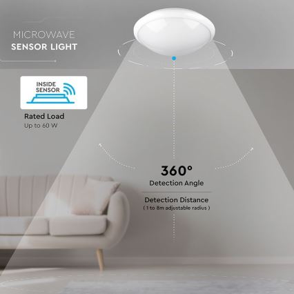 Plafón de baño con sensor 1xE27/60W/230V IP44 ø 29,6 cm