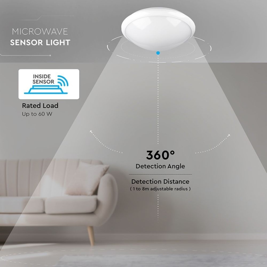 Plafón de baño con sensor 1xE27/60W/230V IP44 ø 29,6 cm