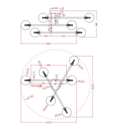 Plafón de techo DORADO 6xG9/28W/230V negro