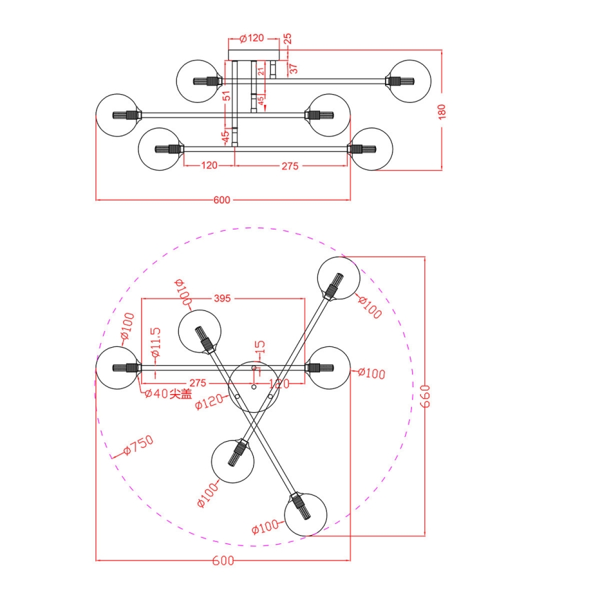 Plafón de techo DORADO 6xG9/28W/230V negro