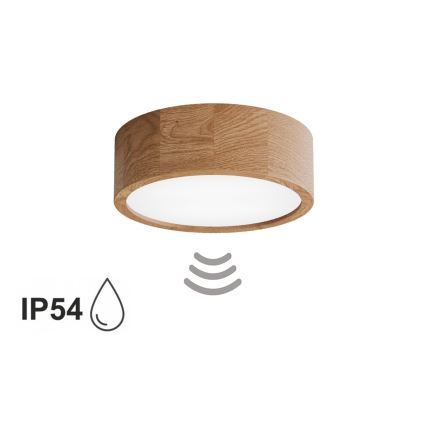 Plafón de techo para baño con sensor CLEO, 2xE27/24W/230V, diámetro 27,5 cm, IP54, acabado roble