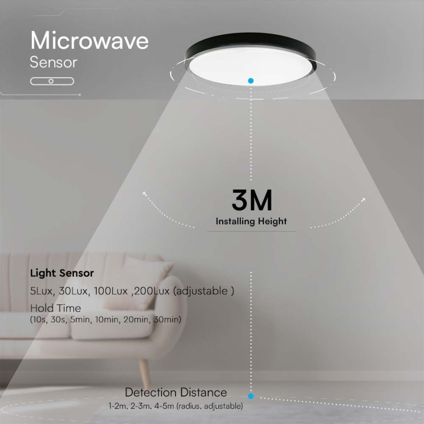Plafón LED de baño con sensor LED/24W/230V 4000K IP44 diá. 35 cm negro + control remoto