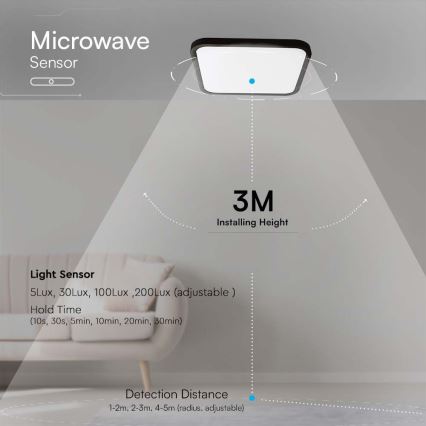 Plafón LED de baño con sensor LED/36W/230V 4000K IP44 42x42 cm negro + control remoto