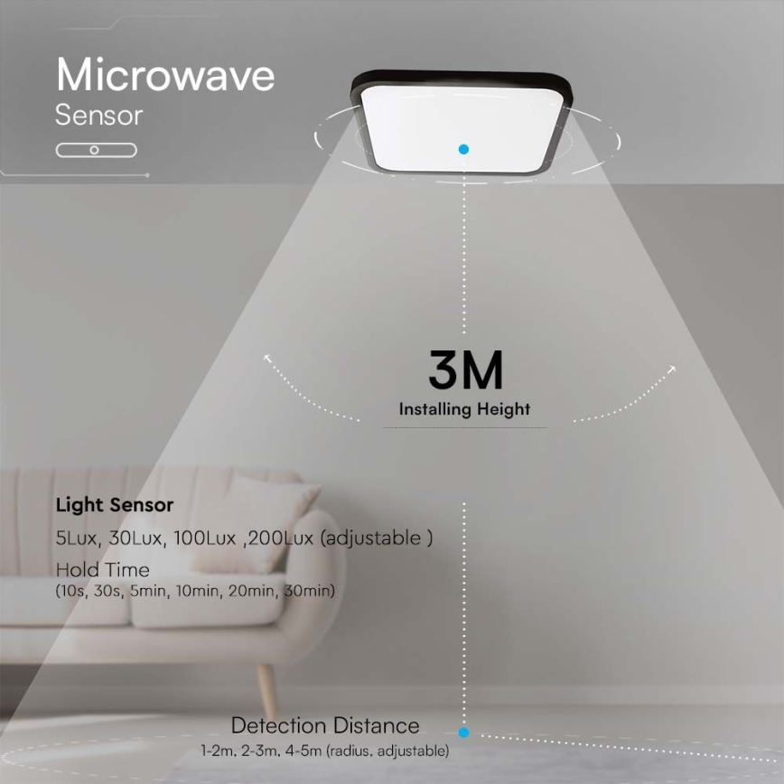 Plafón LED de baño con sensor LED/36W/230V 4000K IP44 42x42 cm negro + control remoto