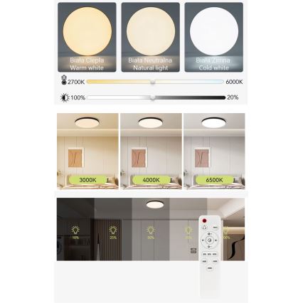 Plafón LED regulable LED/30W/230V 3000-6500K diá. 30 cm negro + control remoto