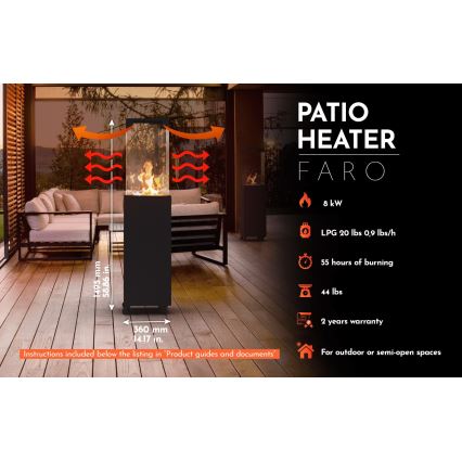 Planika Faro GAS - Chimenea de gas exterior 142x36 cm 8kW negro + funda protectora
