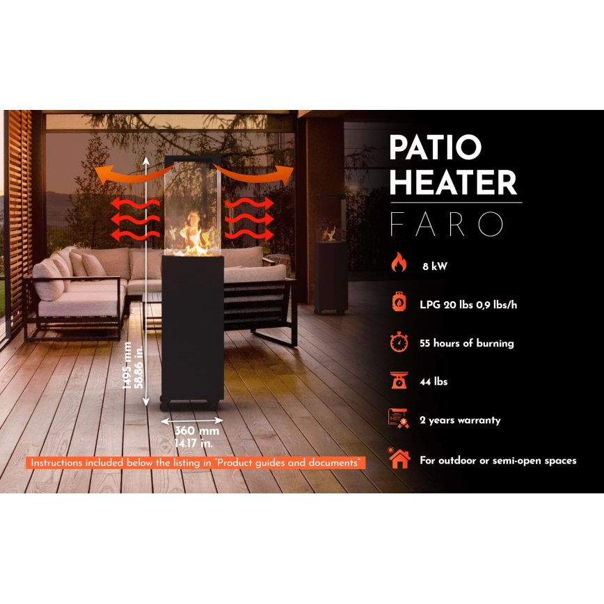 Planika Faro GAS - Chimenea de gas exterior 142x36 cm 8kW negro + funda protectora