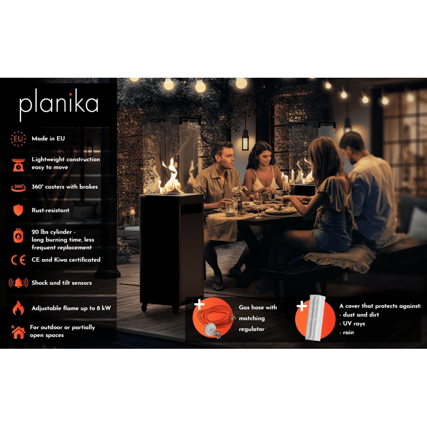 Planika Faro GAS - Chimenea de gas exterior 142x36 cm 8kW negro + funda protectora