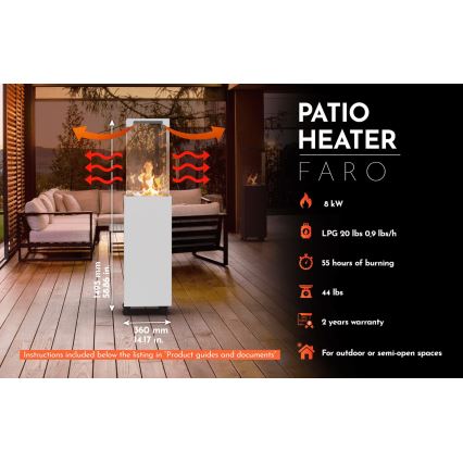 Planika - Chimenea de gas para exterior 142x36 cm 8kW 1xAAA blanco + funda protectora