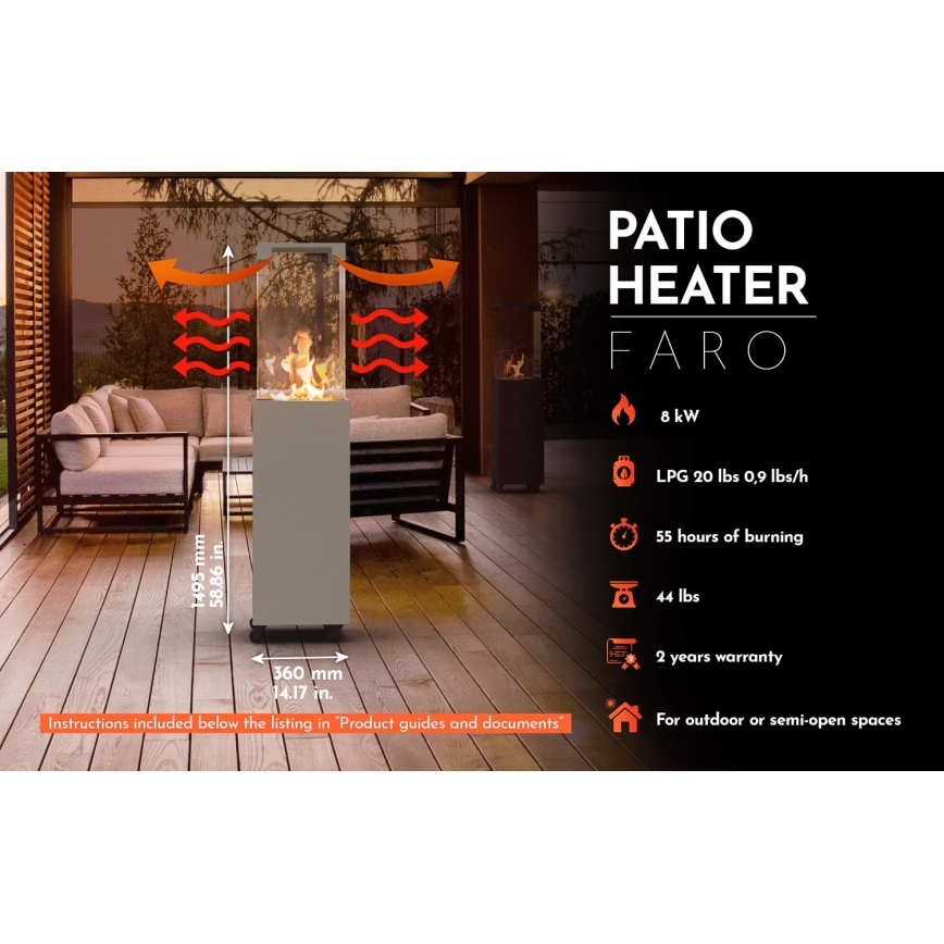 Planika Faro GAS - Chimenea de gas para exterior 142x36 cm 8kW gris + funda protectora