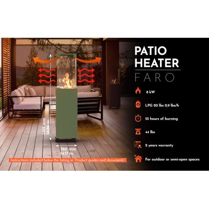 Planika Faro GAS - Chimenea de gas para exterior 142x36 cm 8kW verde + funda protectora