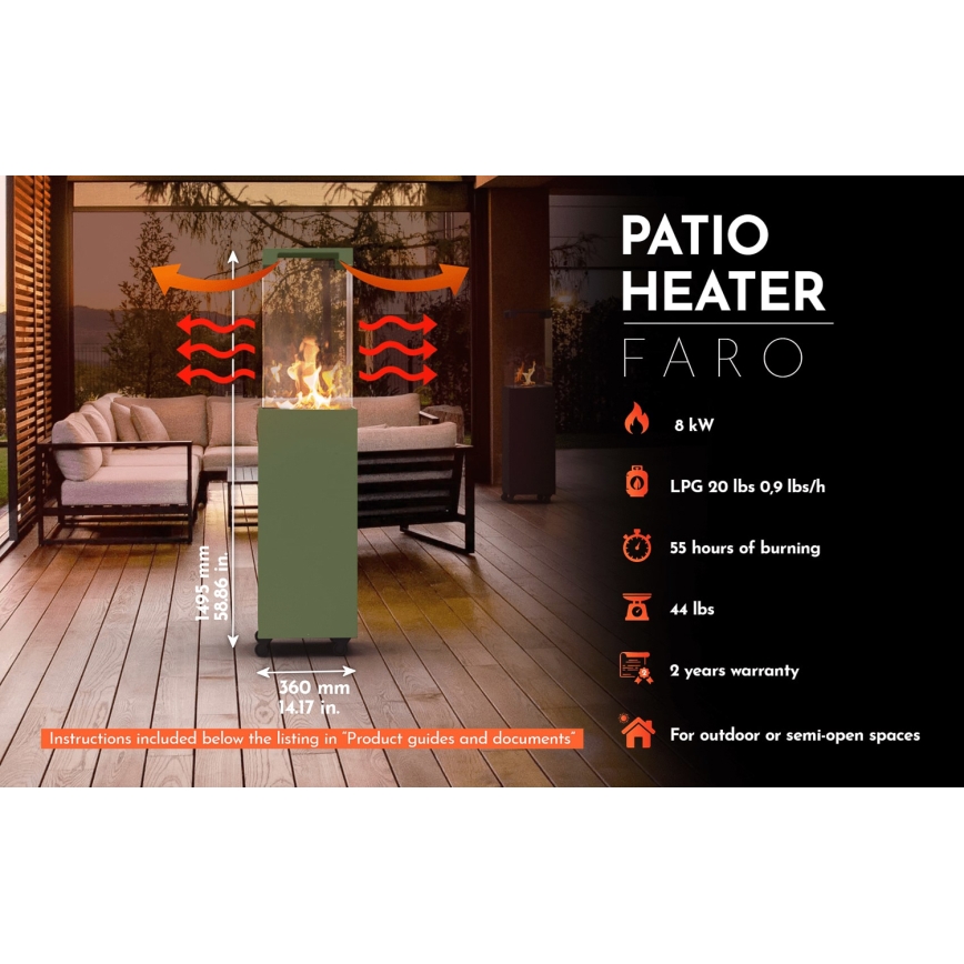 Planika Faro GAS - Chimenea de gas para exterior 142x36 cm 8kW verde + funda protectora