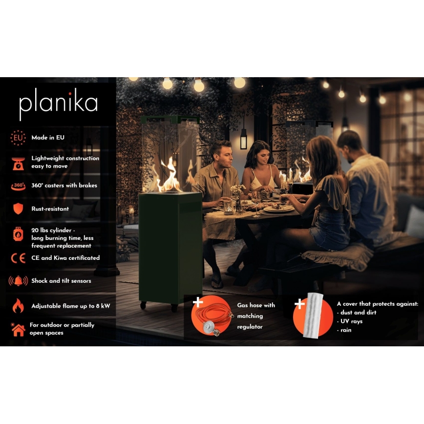 Planika Faro GAS - Chimenea de gas para exterior 142x36 cm 8kW verde + funda protectora