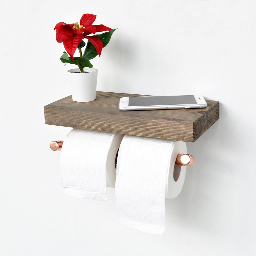 Portarrollos de papel higiénico con estante BORU 12x30 cm abeto/cobre