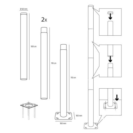 Poste metálico para alumbrado exterior BASE, 4 m, diámetro 60 mm, negro
