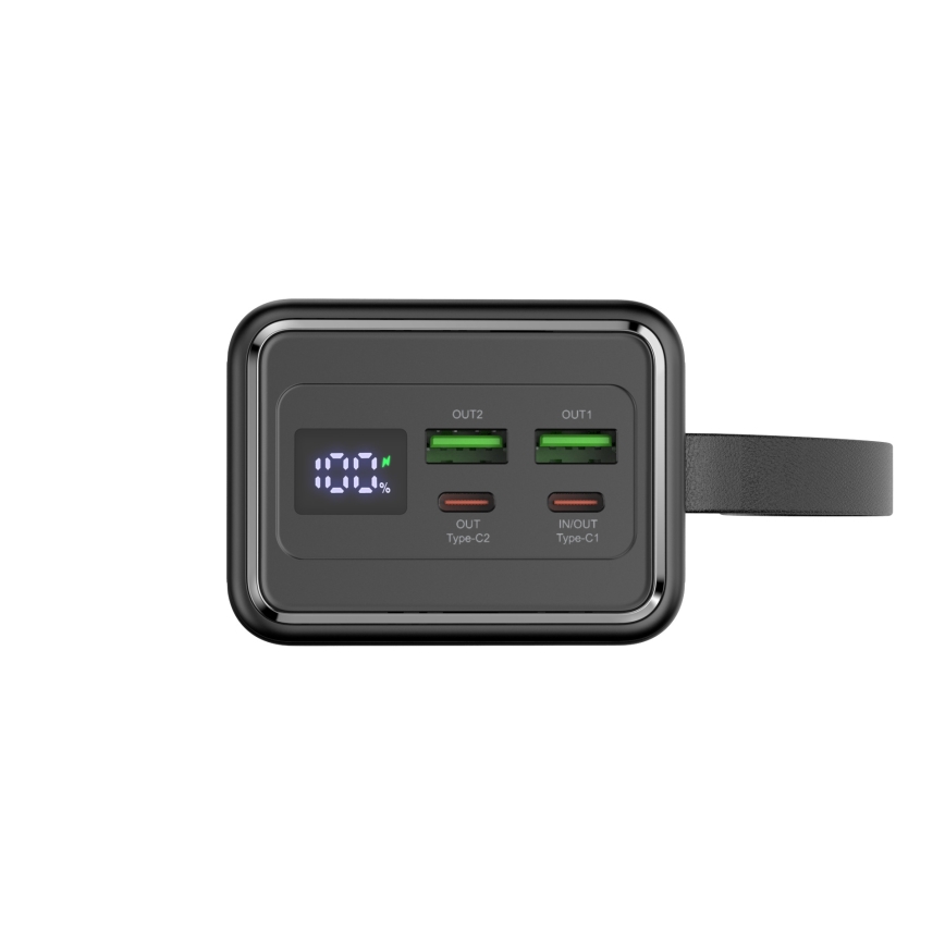Power Bank 40000 mAh 65W Power Delivery 2xUSB-A + 2xUSB-C con Linterna LED con gancho e imán y USB-C cable 1m negro