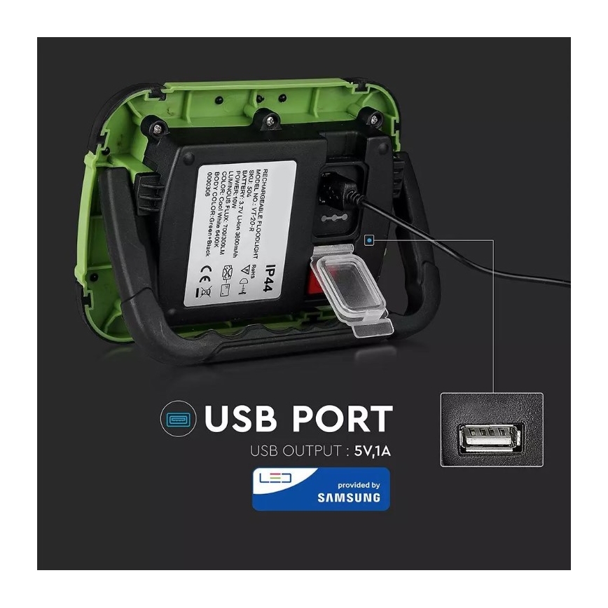 Proyector LED recargable y regulable SAMSUNG CHIP + función SOS LED/10W/3,7V/USB IP44 4000K 3600 mAh verde