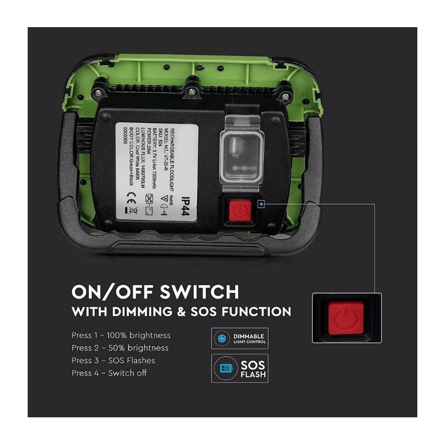 Proyector LED recargable y regulable SAMSUNG CHIP + función SOS LED/10W/3,7V/USB IP44 4000K 3600 mAh verde
