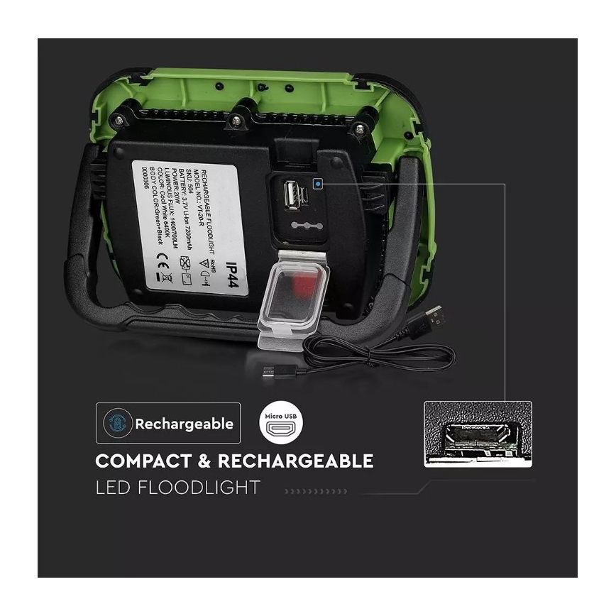 Proyector LED recargable y regulable SAMSUNG CHIP + función SOS LED/20W/3,7V/USB IP44 4000K 7200 mAh verde