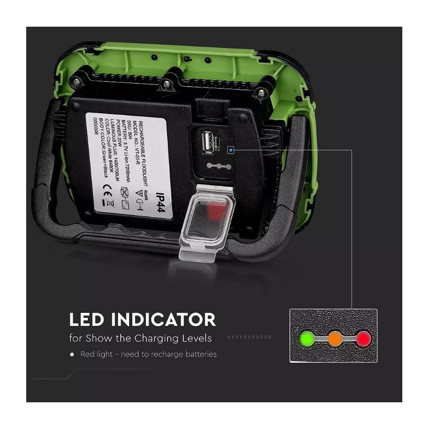 Proyector LED recargable y regulable SAMSUNG CHIP + función SOS LED/20W/3,7V/USB IP44 4000K 7200 mAh verde
