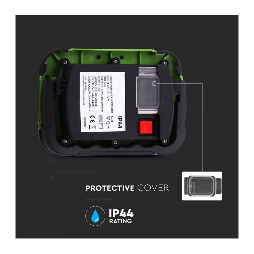 Proyector recargable LED SAMSUNG CHIP LED/10W/3,7V IP44 6400K 3600 mAh verde
