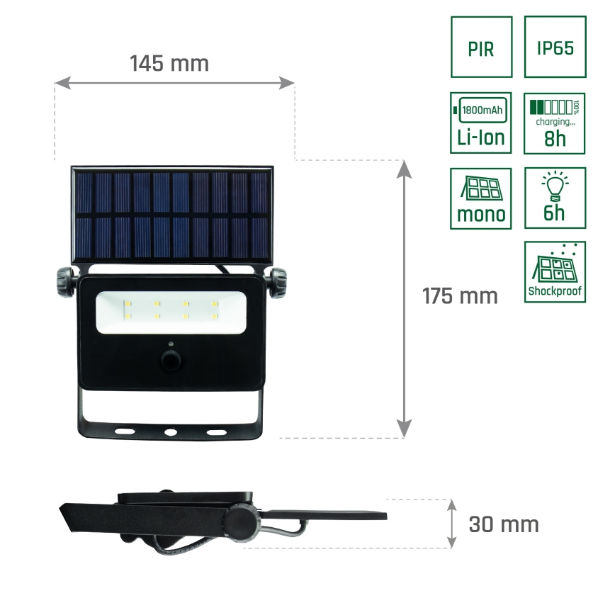 Proyector solar LED con sensor NOCTIS LED/2W/1800 mAh 3,7V 6000K IP65