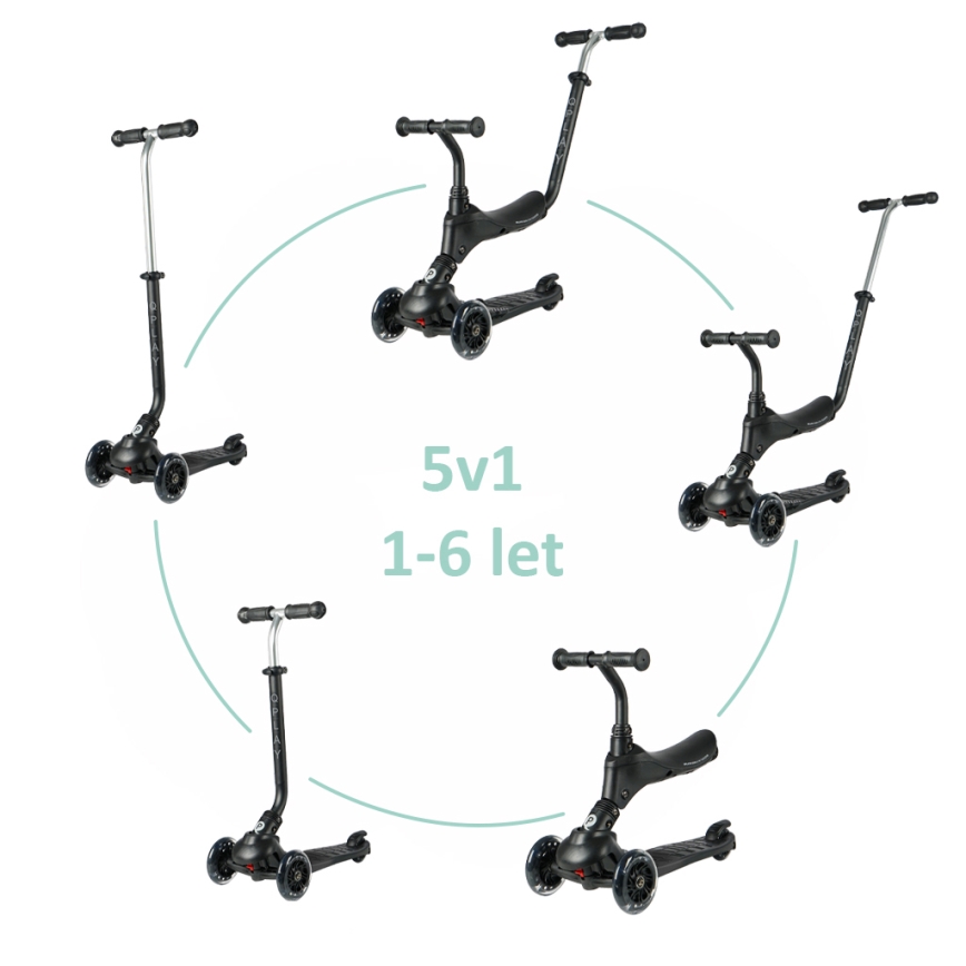 QPlay - Patinete infantil SEMA PRO 5 en 1 con ruedas LED, negro