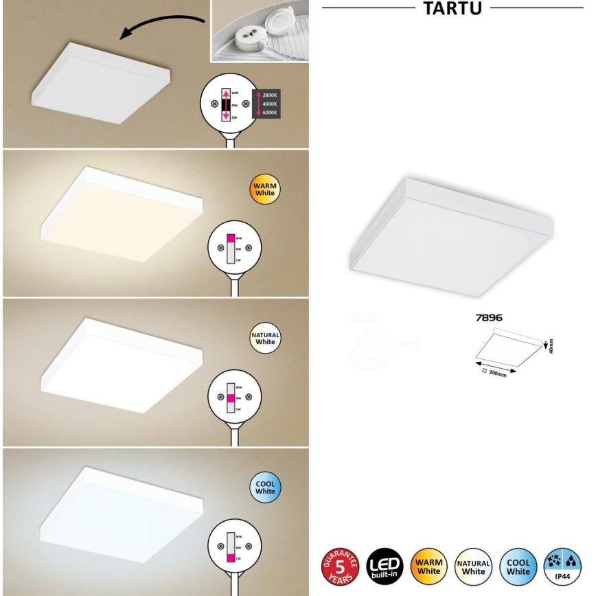 Rabalux - Luminaria de techo LED/24W/230V 2800-6000K IP44 blanca 30x30 cm