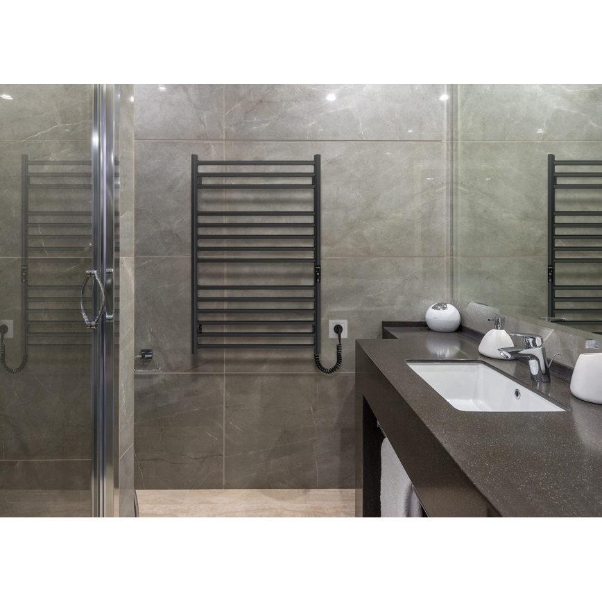 Radiador toallero de baño HF GREENWICH 170W/230V 77x53 cm, negro, conexión derecha, tubos redondeados