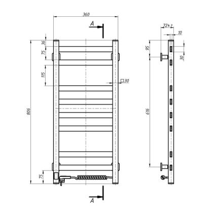 Radiador toallero para baño AVANGARD con termostato 251W/230V, 80,6 cm, IP44, blanco, conexión derecha, diseño cuadrado
