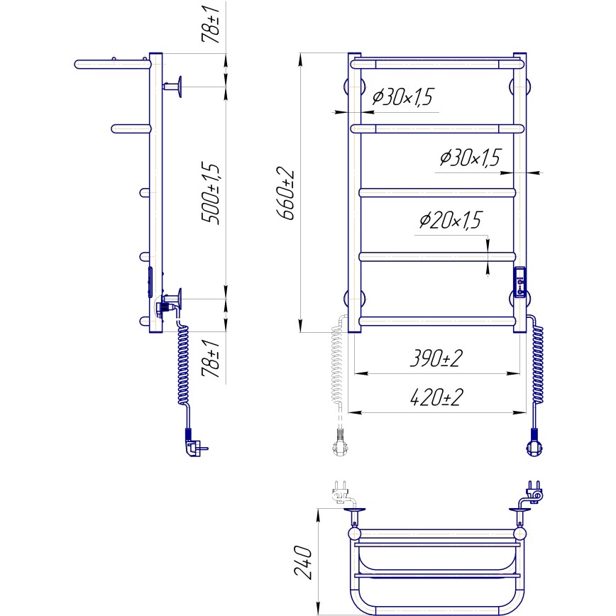 Radiador toallero de escalera para baño HOTEL 75W/230V 65x43 cm acero inoxidable/cromado, conexión derecha