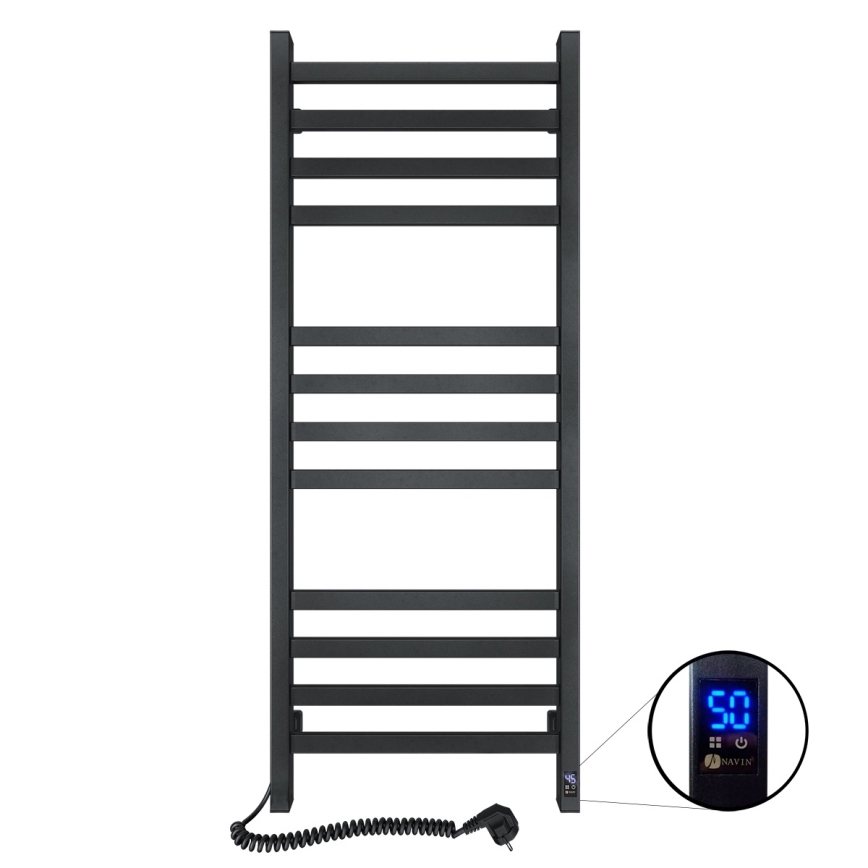 Radiador toallero para baño con termostato AVANGARD 459W/230V 120,6 cm IP44 negro, conexión izquierda, perfil cuadrado