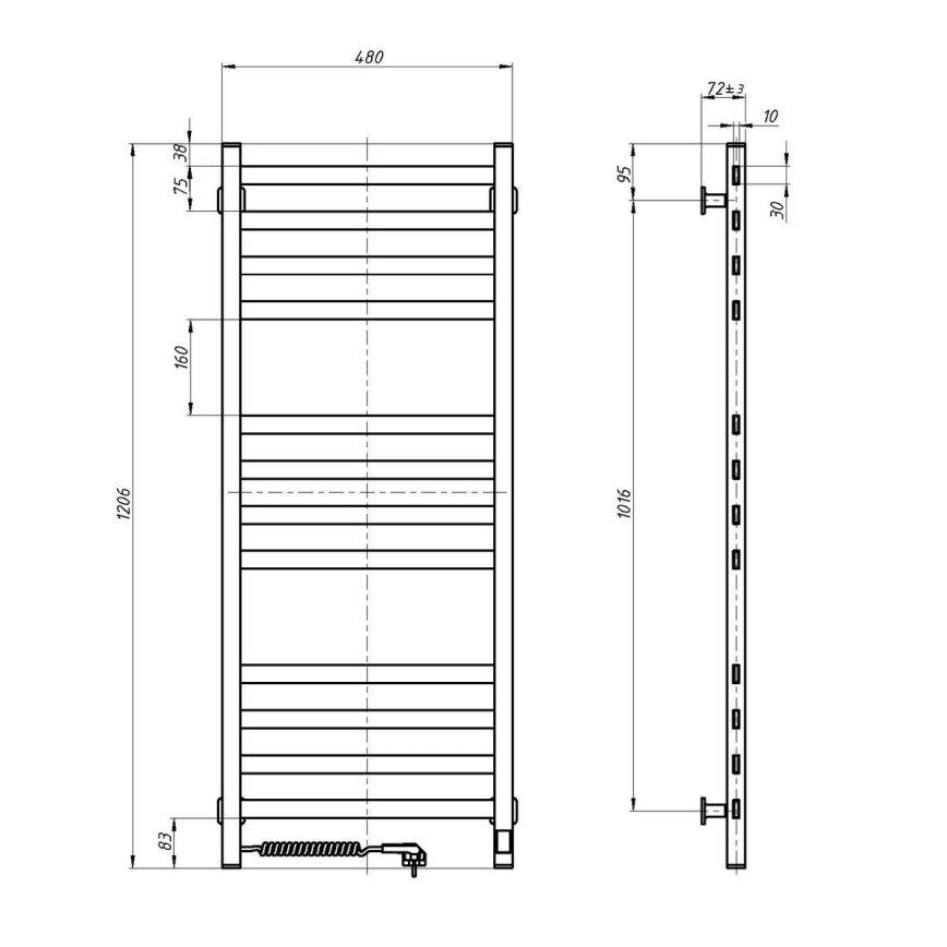 Radiador toallero para baño con termostato AVANGARD 459W/230V 120,6 cm IP44 negro, conexión izquierda, perfil cuadrado