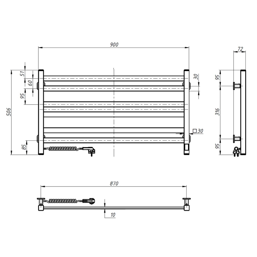 Radiador toallero tipo escalera para baño con termostato AVANGARD 316W/230V 50,6 cm IP44, negro, izquierdo, de diseño cuadrado