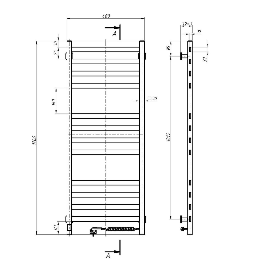 Radiador toallero de escalera para baño con termostato AVANGARD 459W/230V 120,6cm IP44, blanco, conexión derecha, perfil cuadrado