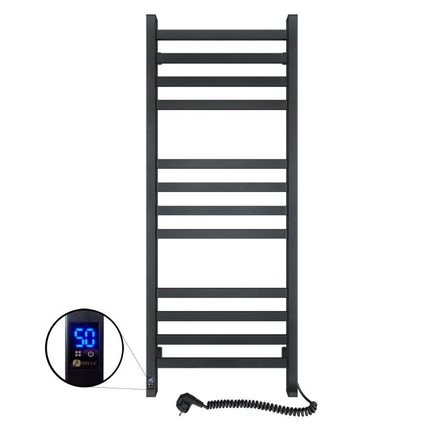 Radiador toallero en escalera para baño AVANGARD con termostato 459W/230V 120,6 cm IP44 negro, con conexión derecha, de perfil cuadrado