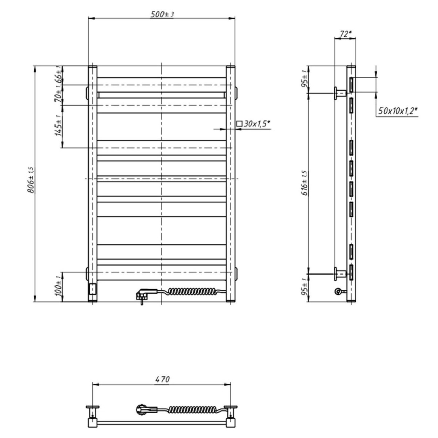 Radiador toallero para baño LARGO con termostato 432W/230V, 80,6 cm, IP44, blanco, conexión derecha, perfil cuadrado
