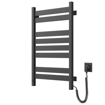 Radiador toallero para baño LARGO con termostato, 432W/230V, 80,6 cm, IP44, negro, conexión derecha, diseño angular