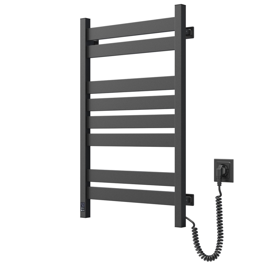 Radiador toallero para baño LARGO con termostato, 432W/230V, 80,6 cm, IP44, negro, conexión derecha, diseño angular