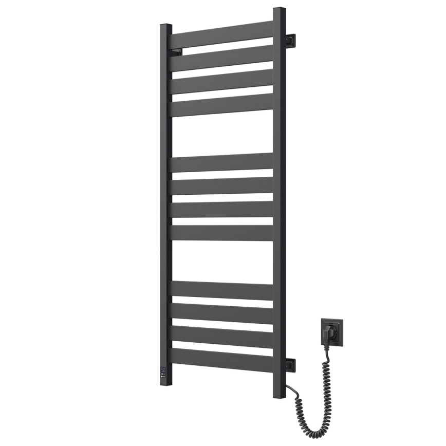 Radiador toallero para baño LARGO con termostato — 541W/230V, 120,6 cm, IP44, negro, conexión derecha, perfil cuadrado