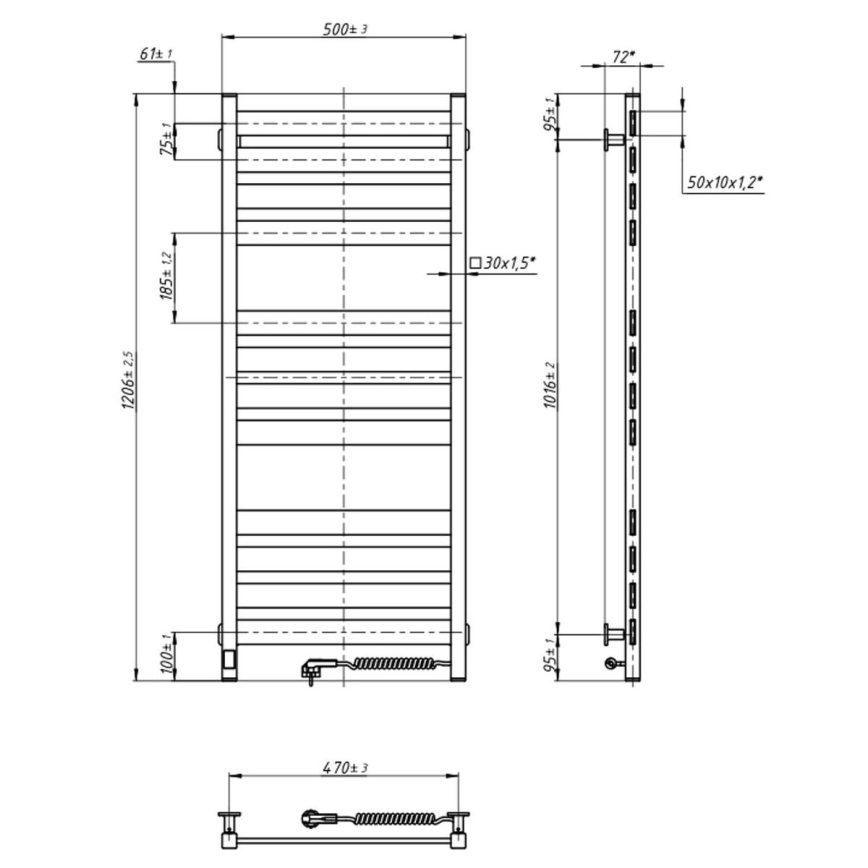 Radiador toallero para baño LARGO con termostato — 541W/230V, 120,6 cm, IP44, negro, conexión derecha, perfil cuadrado