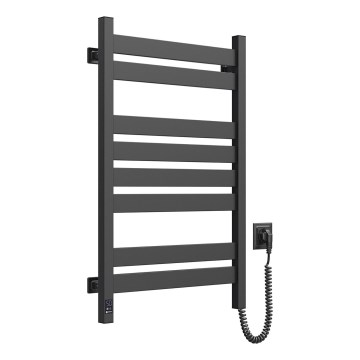 Radiador toallero para baño LARGO con termostato, 432W/230V, 80,6 cm, IP44, negro, conexión derecha, diseño angular