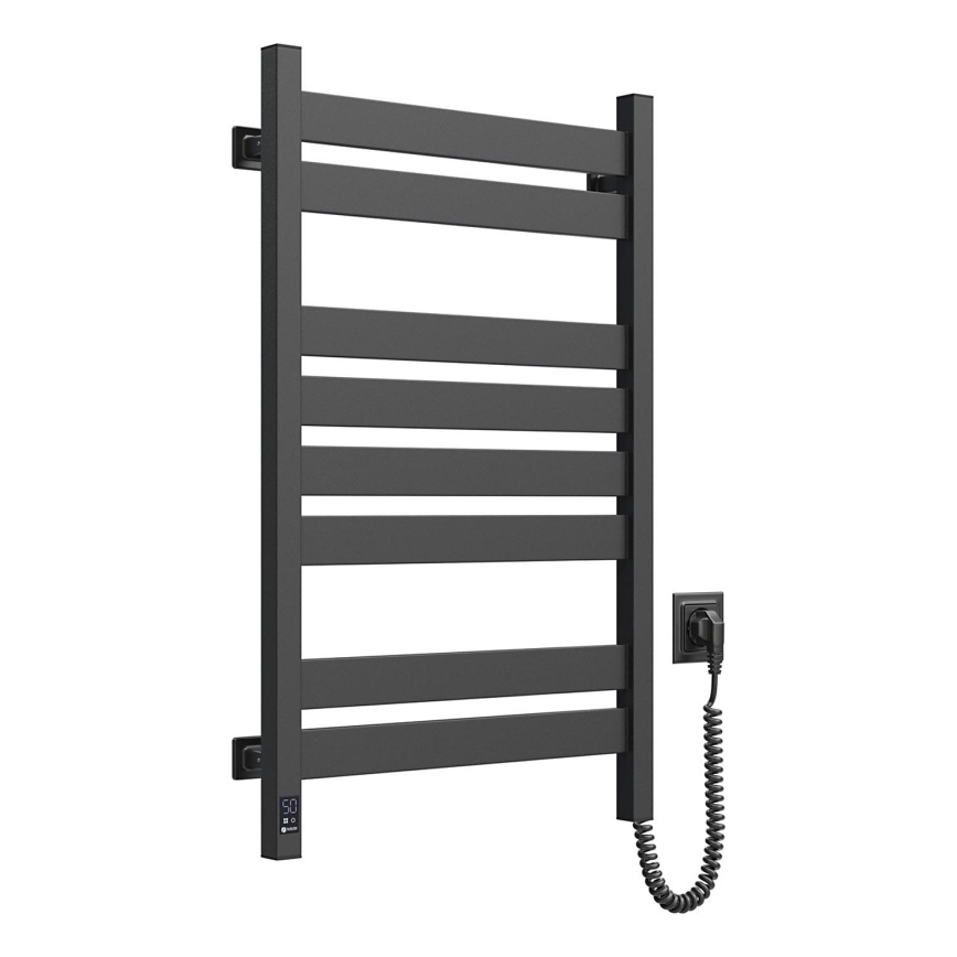 Radiador toallero para baño LARGO con termostato, 432W/230V, 80,6 cm, IP44, negro, conexión derecha, diseño angular