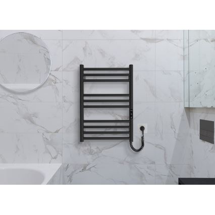 Radiador toallero tipo escalera para baño HF GREENWICH 100W/230V 57x43 cm, negro, conexión derecha, tubos redondos