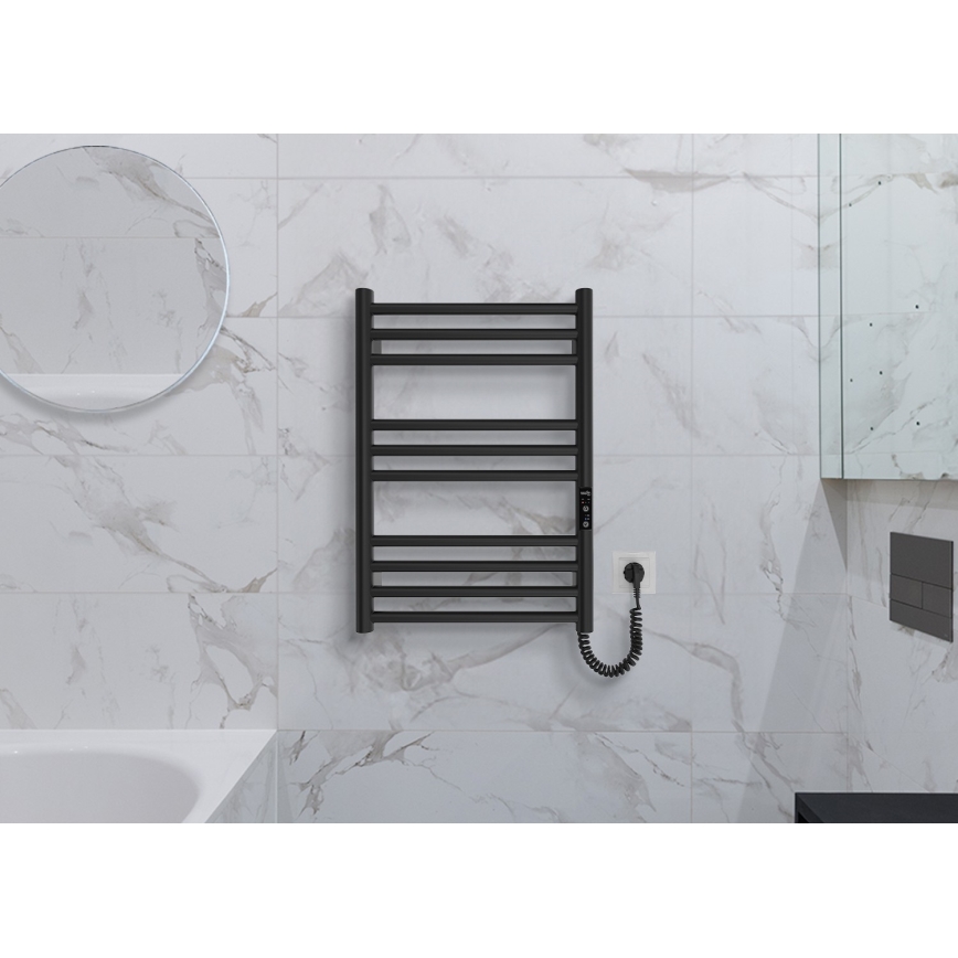 Radiador toallero tipo escalera para baño HF GREENWICH 100W/230V 57x43 cm, negro, conexión derecha, tubos redondos