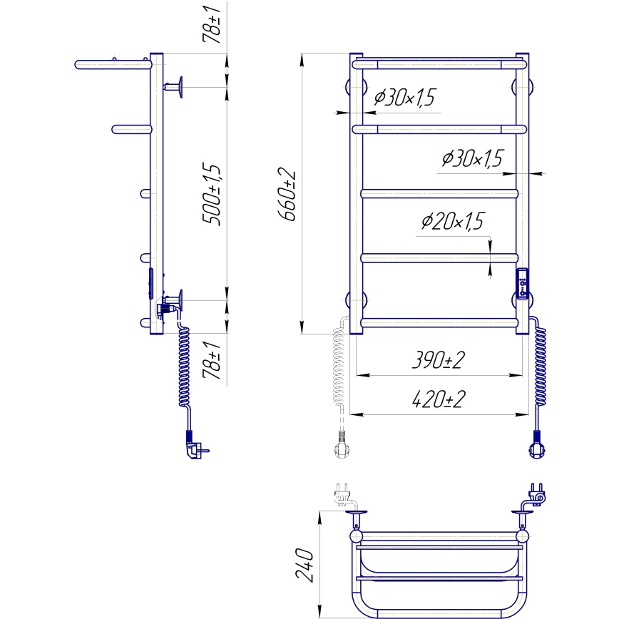 Radiador toallero tipo escalera para baño HOTEL 75W/230V 66x42 cm acero inoxidable/cromo lado derecho