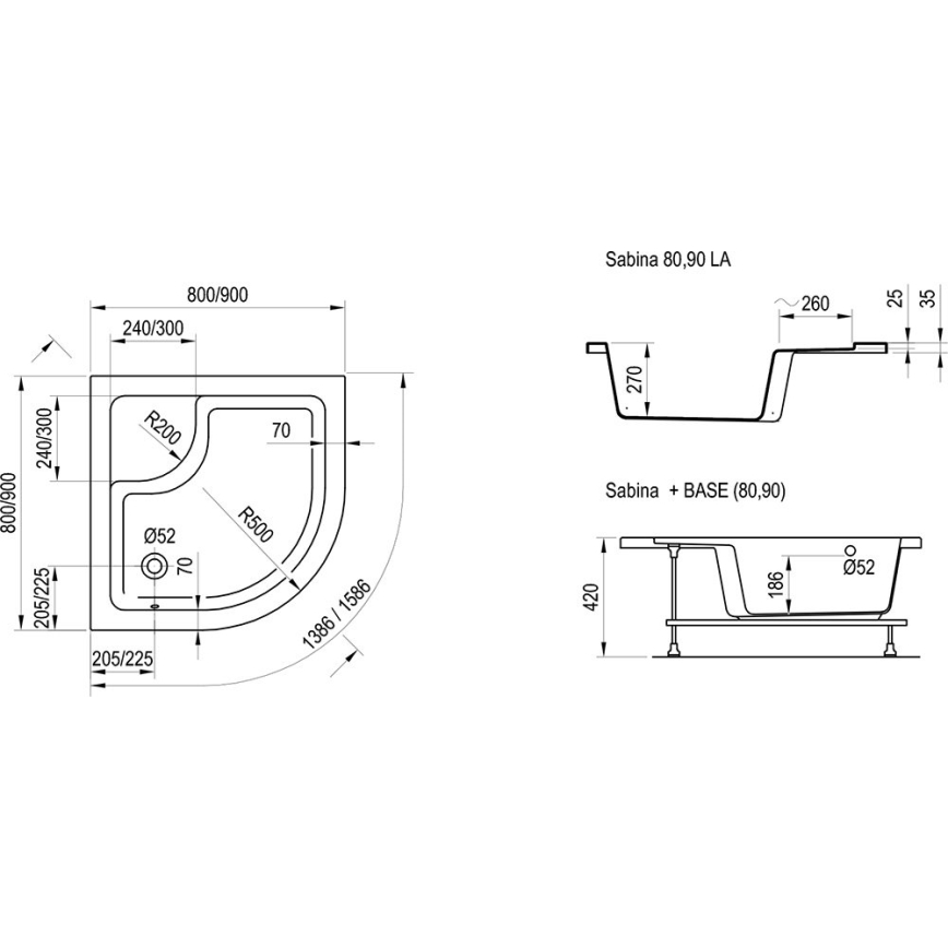 Ravak A217001020 - Plato de ducha en cuarto de círculo SABINA 90x90 cm blanco