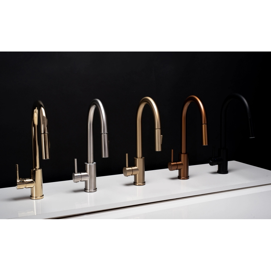 REA-B0669 - Grifo de fregadero FRESH con rociador extraíble de 39,5 cm, acabado dorado